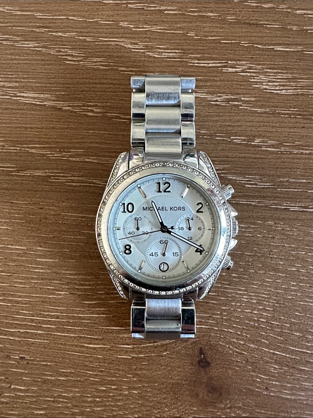 Michael Kors Silver Tone Chronograph Watch with Crystal Bezel